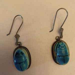 Vintage Hand Carved Blue Scarab Drop Earrings